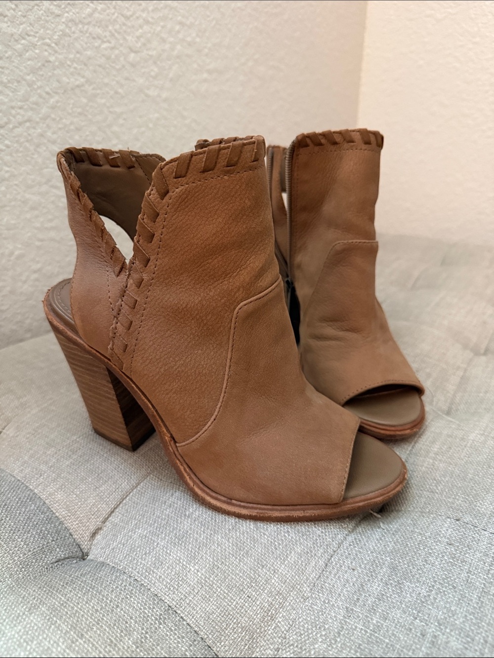 Vince Camuto Open-Toe Tan Leather Block Heel Booties with Braided Trim